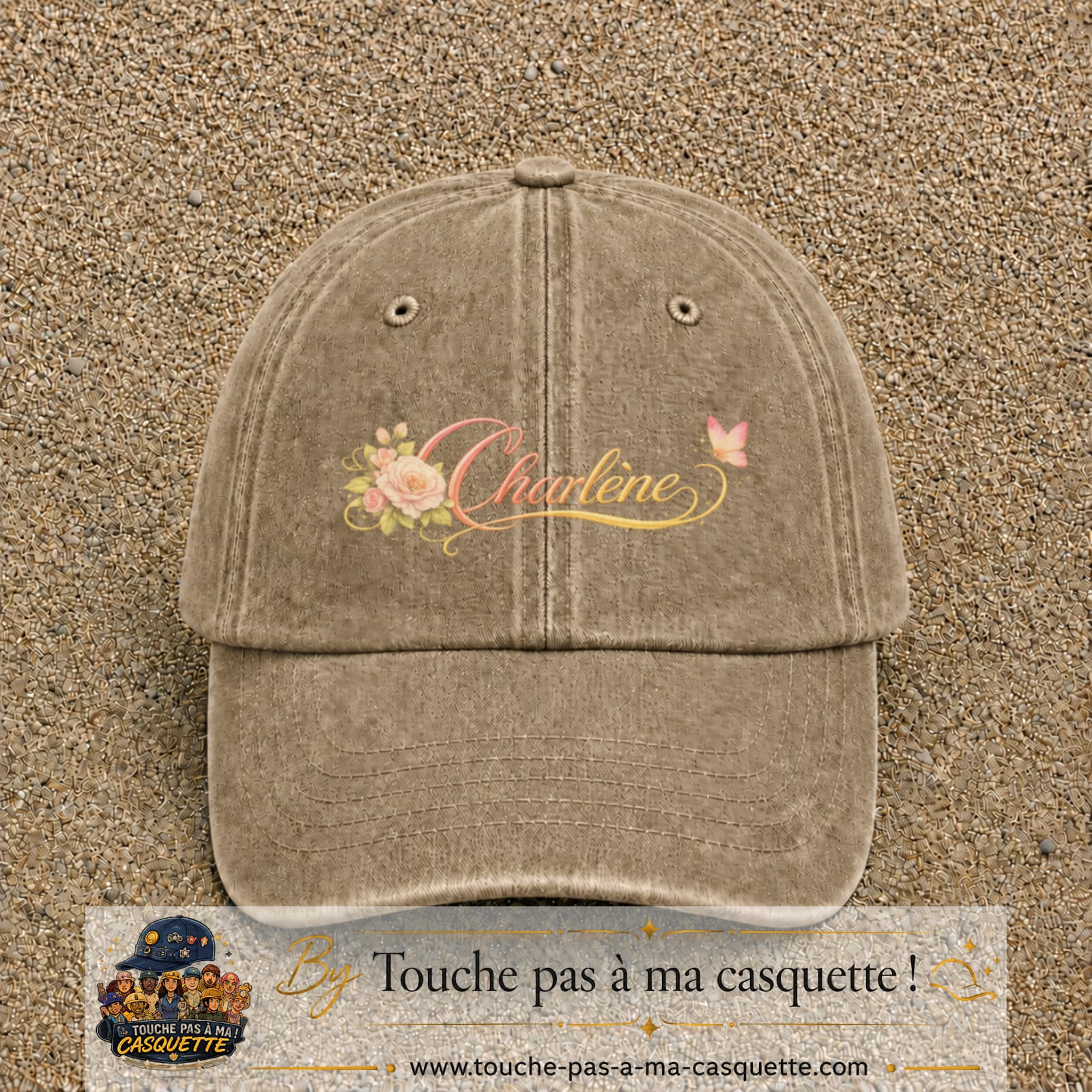 Casquette Beige foncé délavé avec motif Prénom Charlène fleuri en 7 cm – vue principale