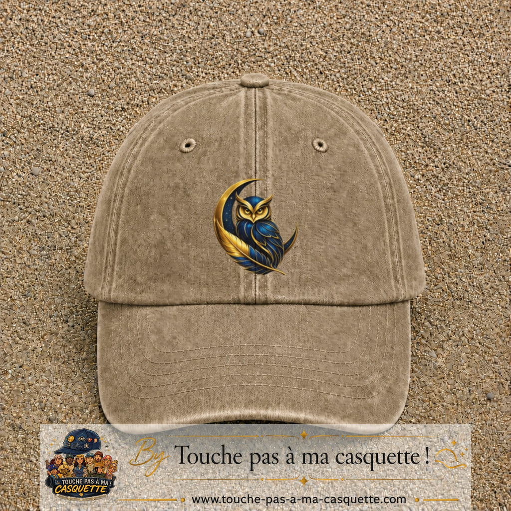 Casquette Beige foncé délavé motif Chouette dorée logo 7 cm