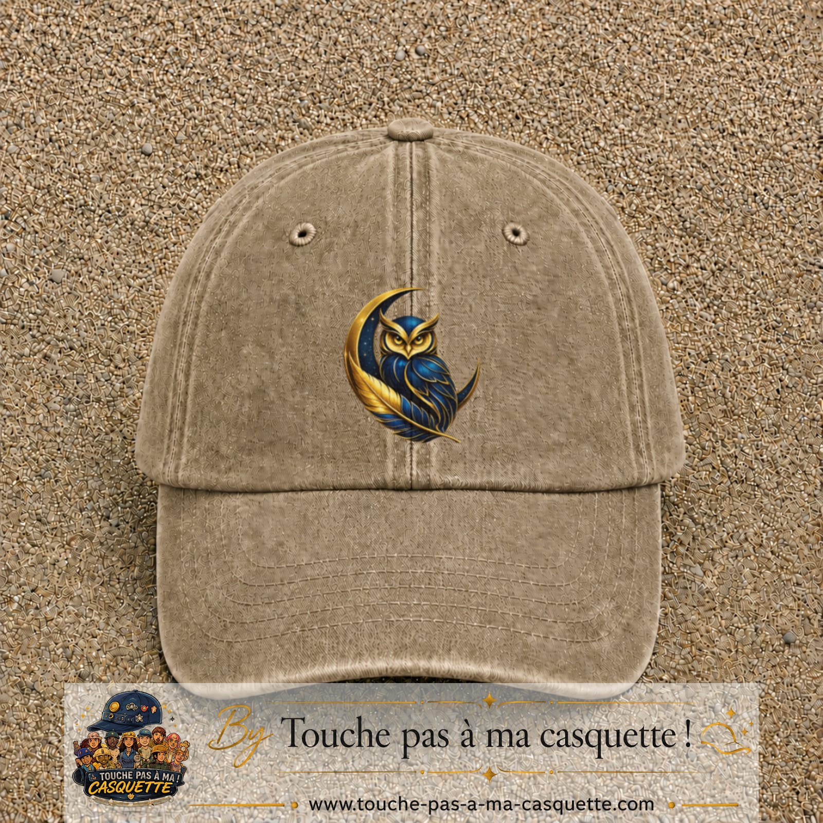 Casquette Beige foncé délavé motif Chouette dorée logo 7 cm