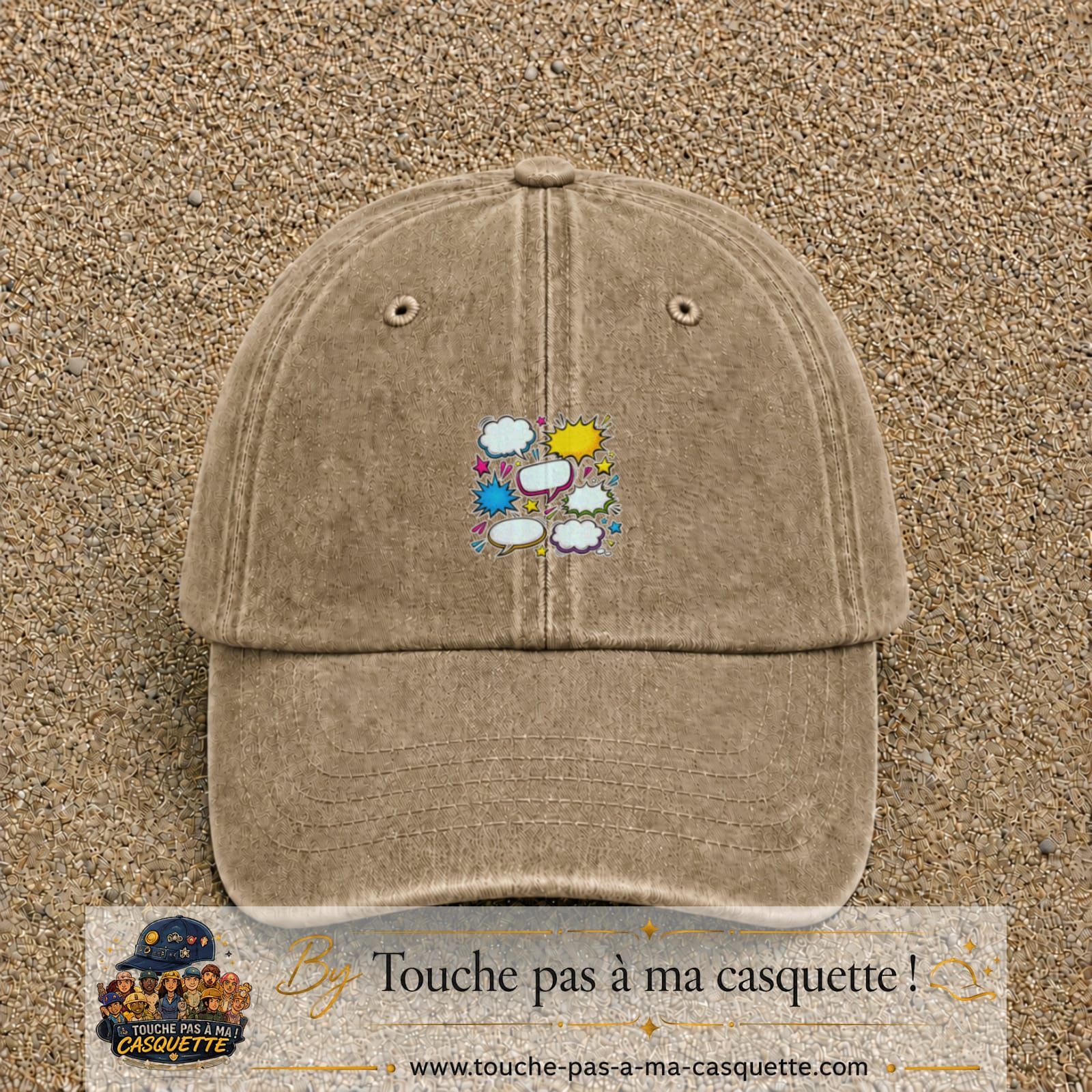 Casquette Beige foncé délavé motif Bulles de bande dessinée logo 5 cm