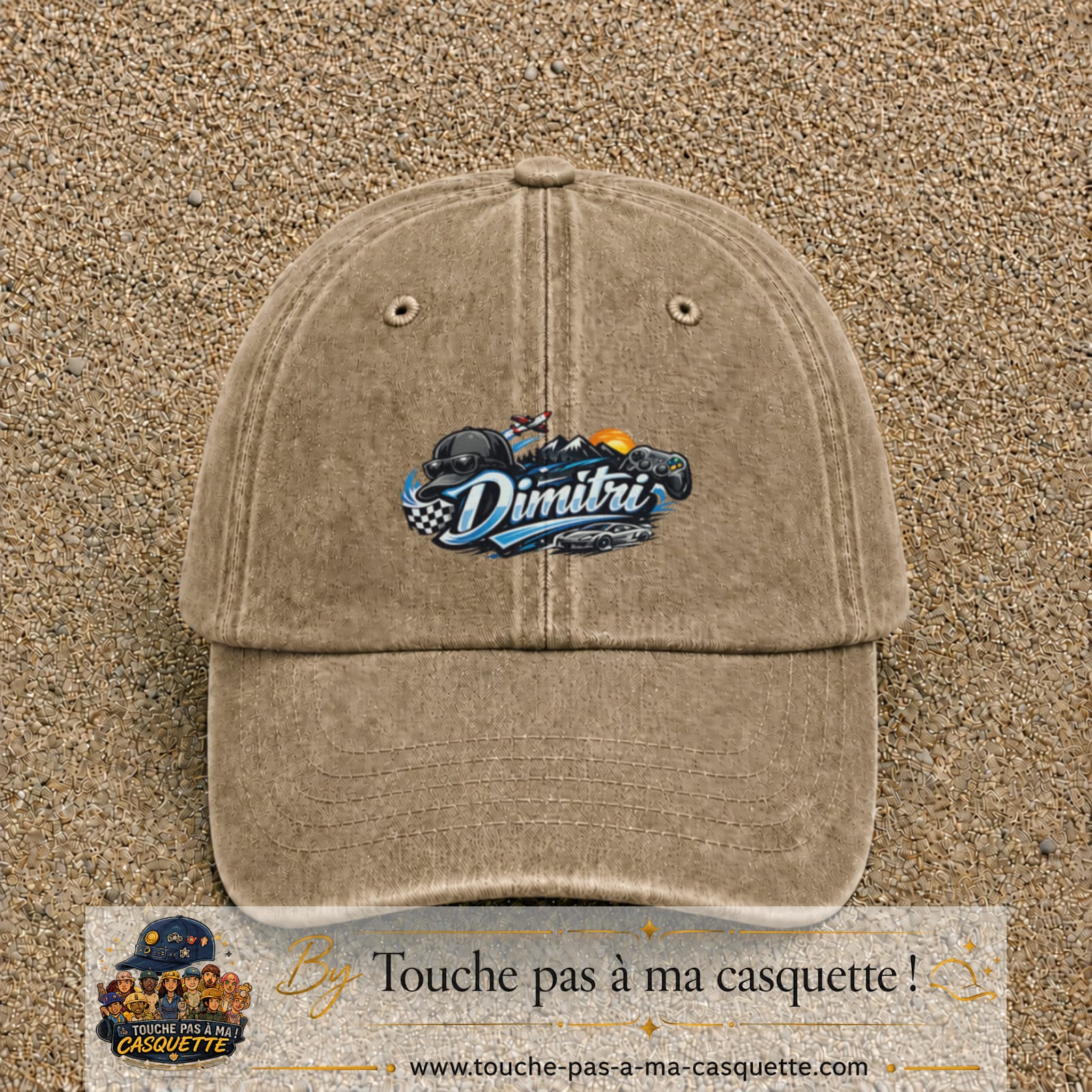 Casquette Beige foncé délavé avec motif Prénom Dimitri univers vitesse en 5 cm – vue principale