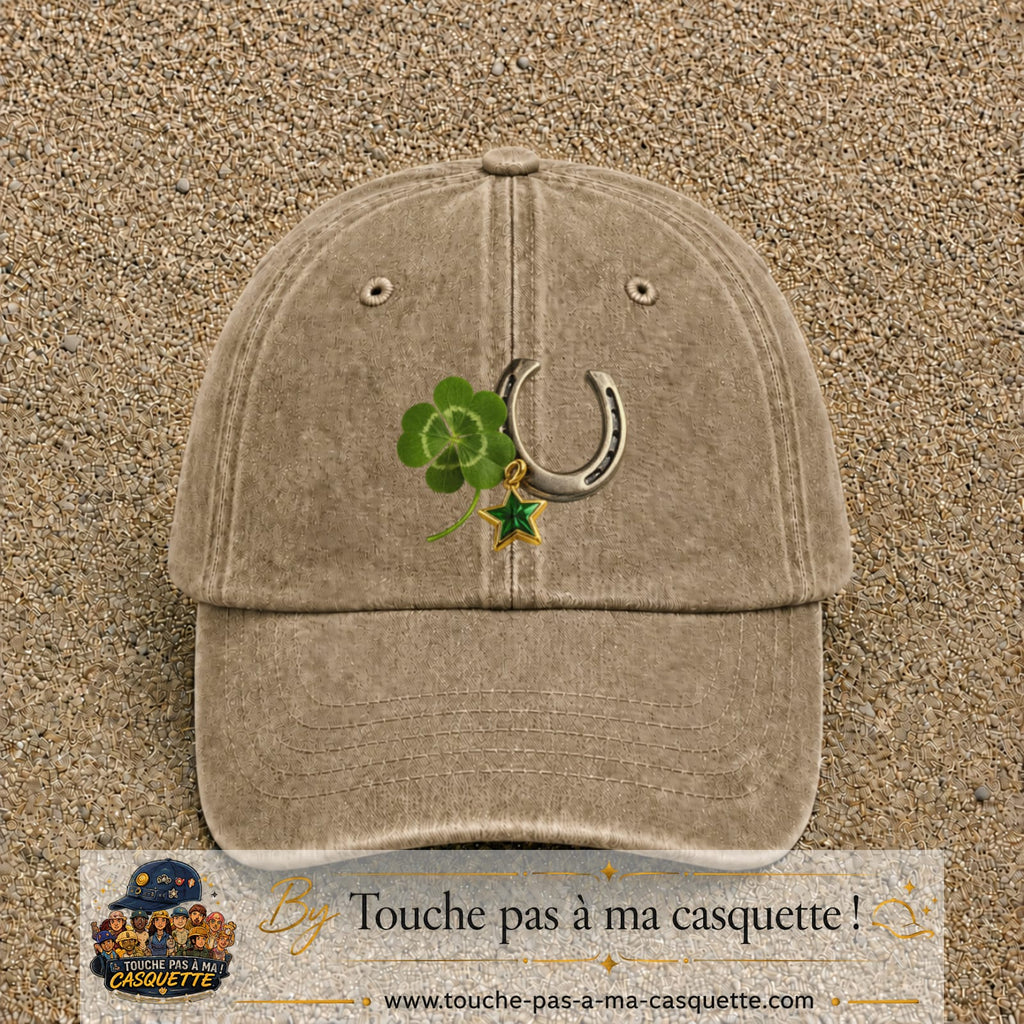 Image principale casquette Beige foncé délavé avec motif Trèfle et fer à cheval 7 cm
