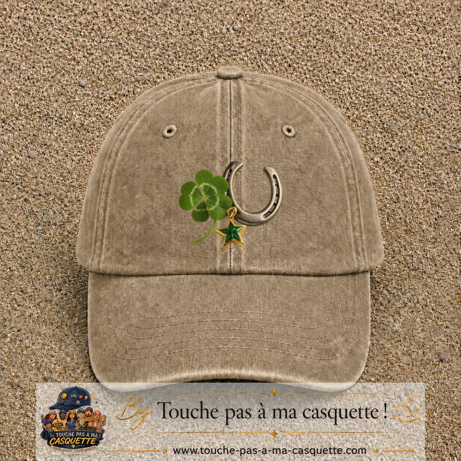 Image principale casquette Beige foncé délavé avec motif Trèfle et fer à cheval 7 cm