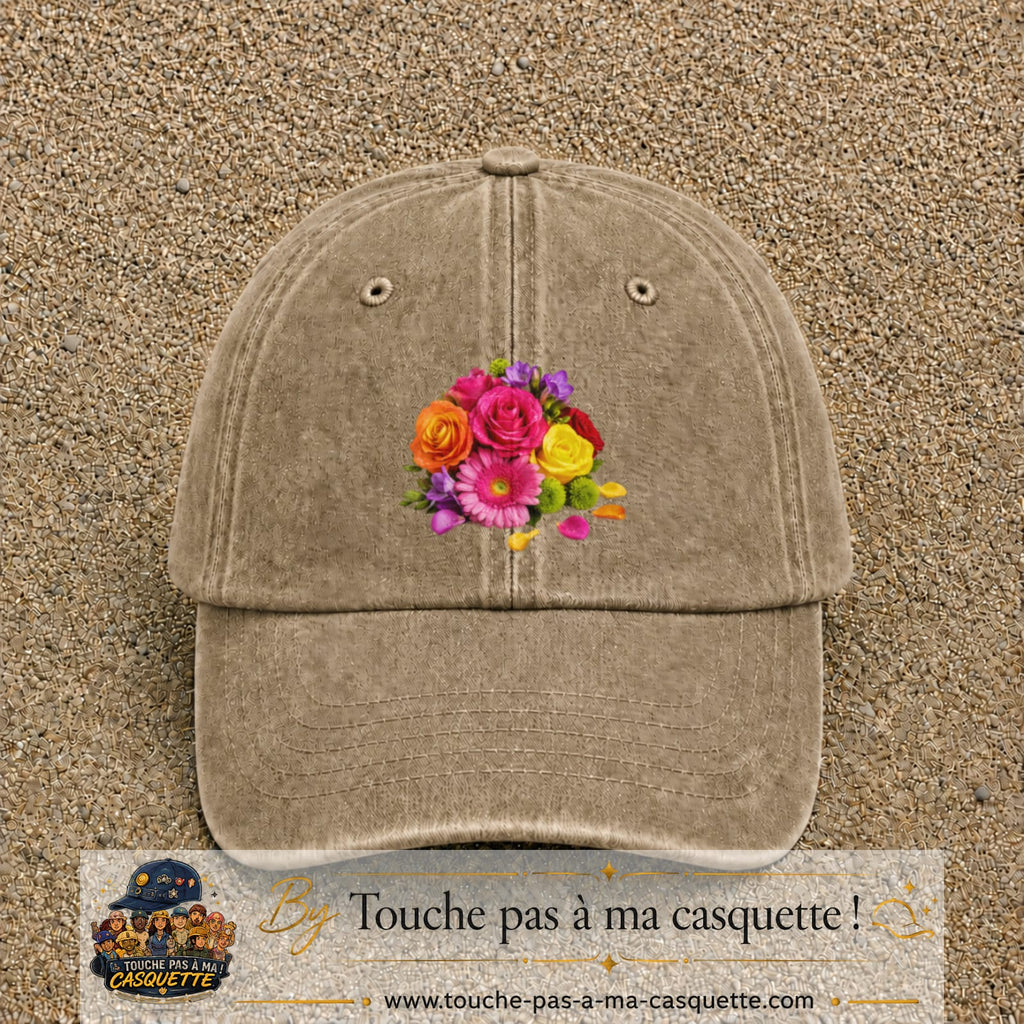 Casquette Beige foncé délavé motif Bouquet de fleurs logo 7 cm
