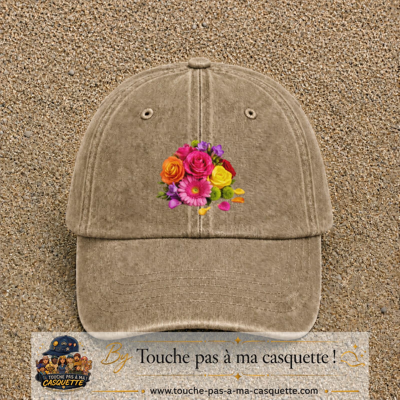 Casquette Beige foncé délavé motif Bouquet de fleurs logo 7 cm