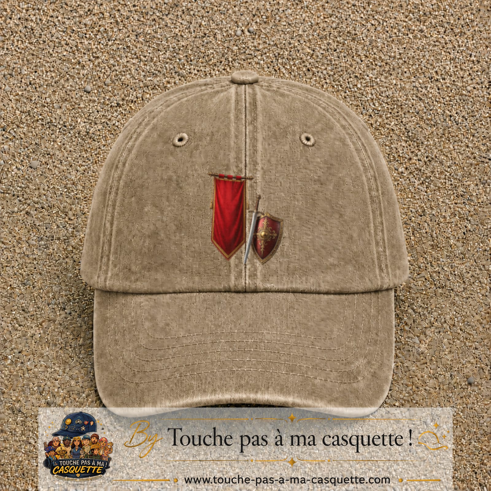 Image principale casquette Beige foncé délavé avec motif Bouclier médiéval 7 cm
