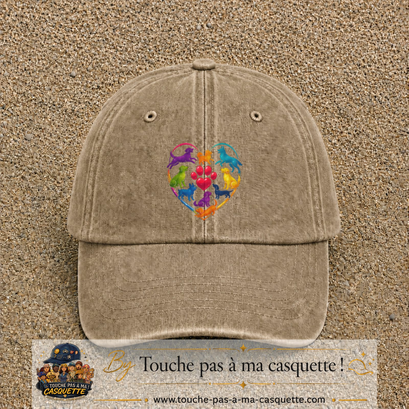 Casquette Beige foncé délavé motif Chats en cœur logo 7 cm