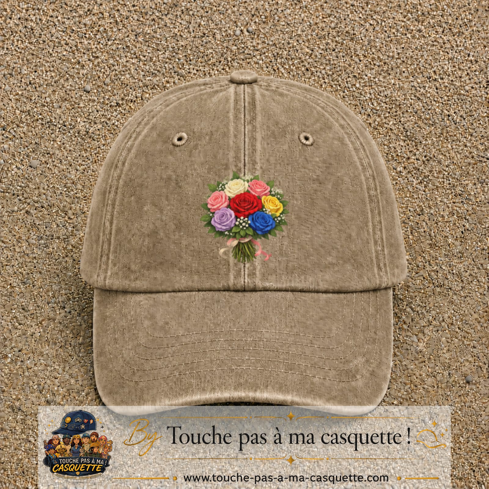 Casquette Beige foncé délavé avec motif Bouquet de roses multicolores en 7 cm – vue principale
