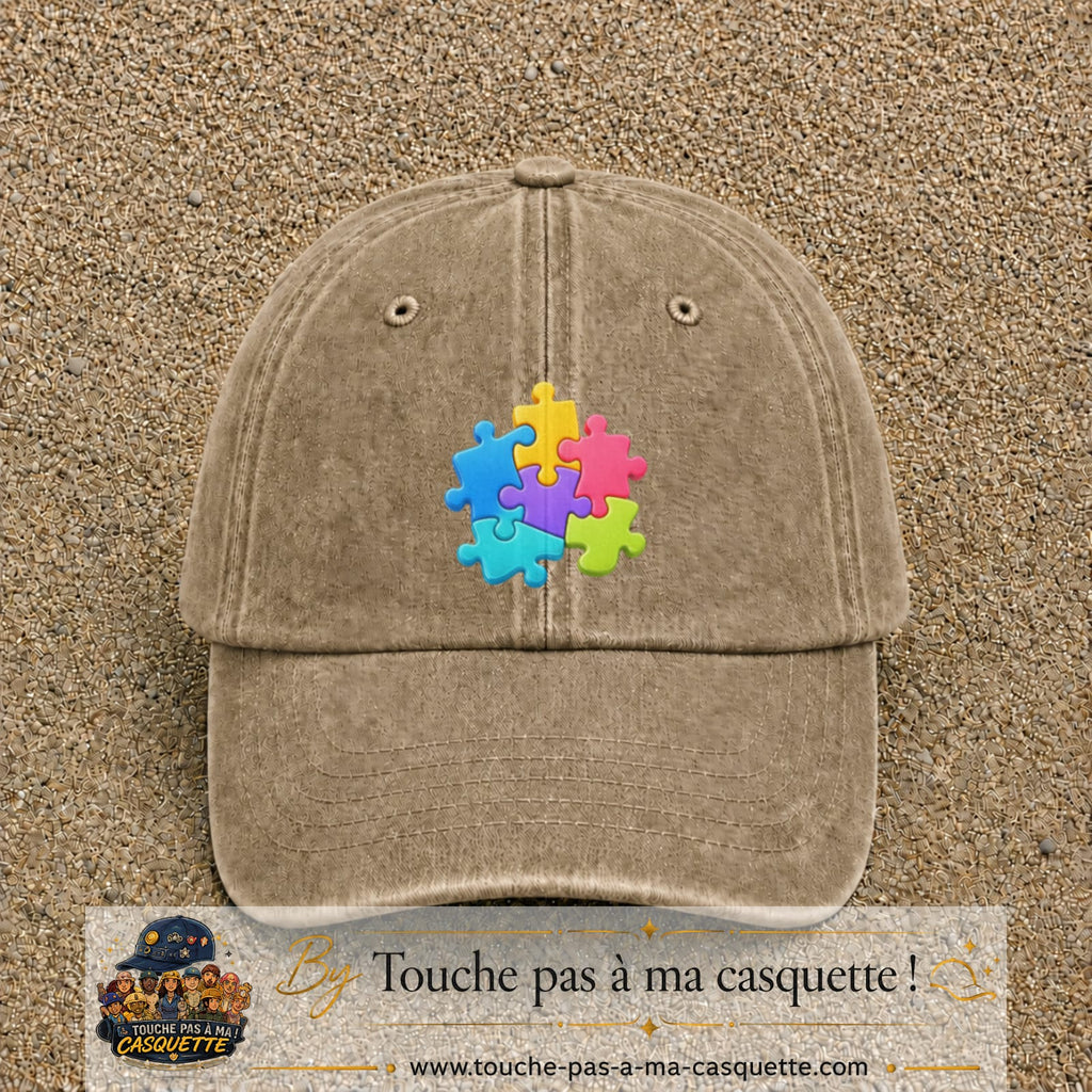 Casquette Beige foncé délavé motif Puzzle pop logo 7 cm