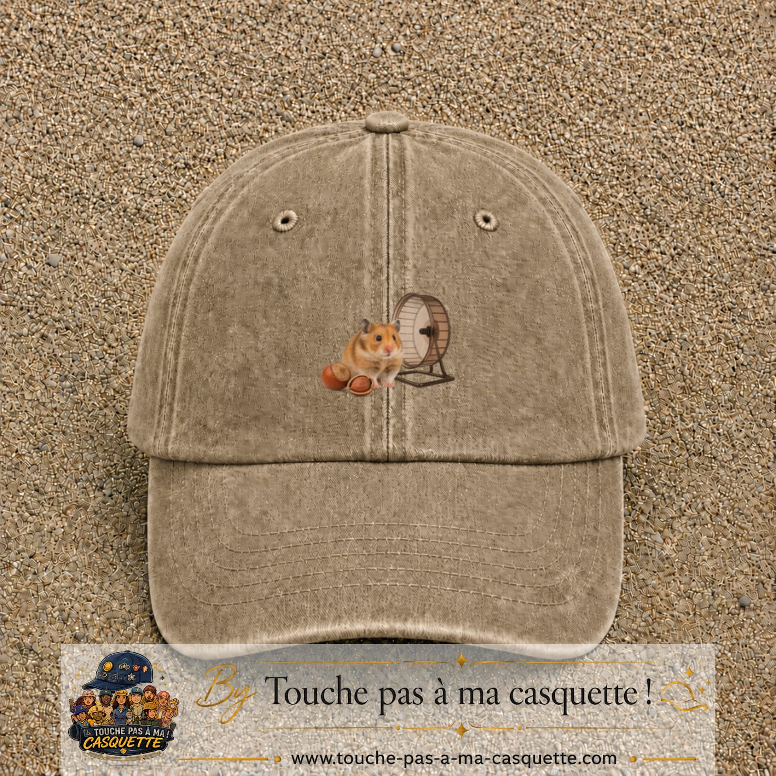Casquette Beige foncé délavé motif Hamster avec roue logo 5 cm