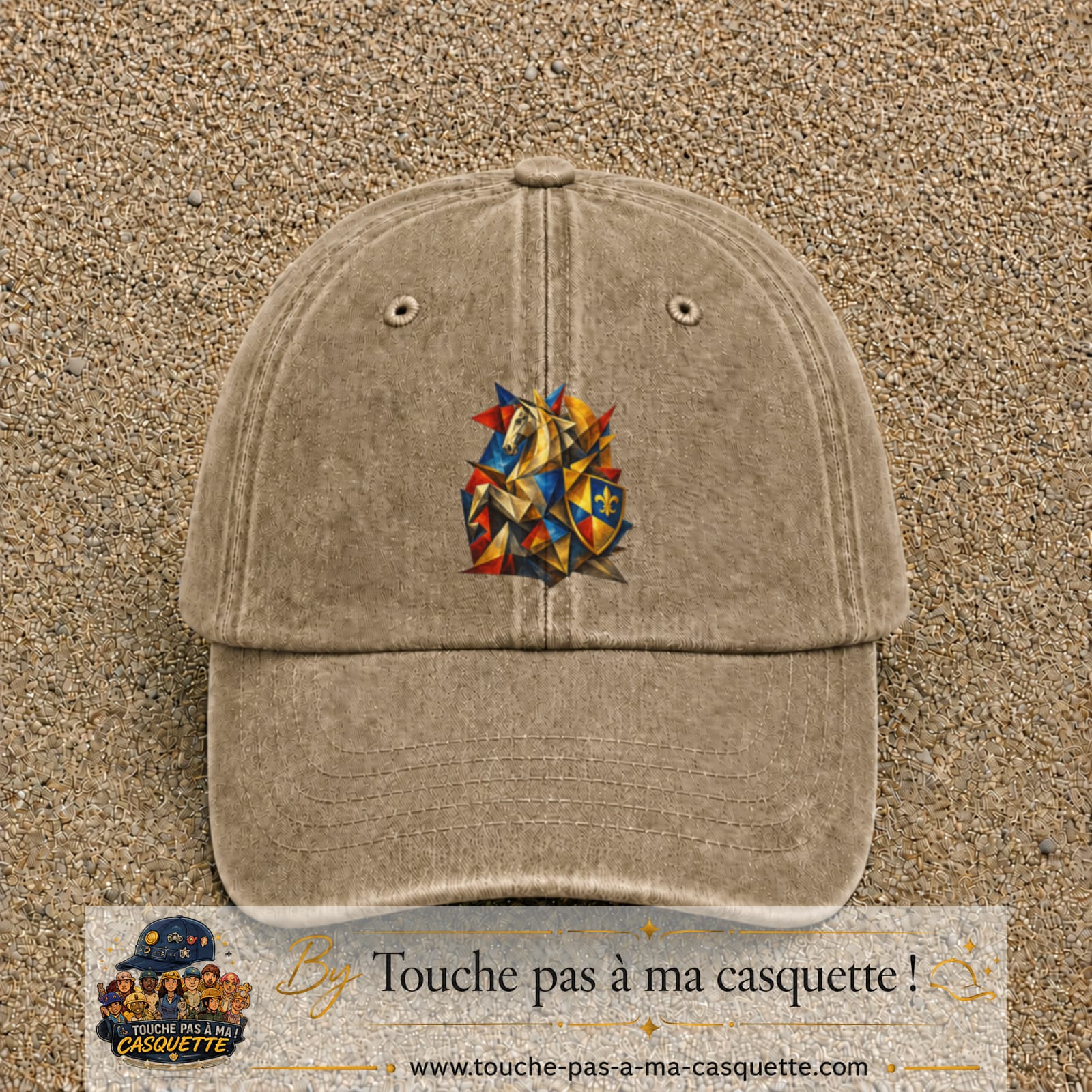 Image principale casquette Beige foncé délavé avec motif Chevalier mosaïque 7 cm