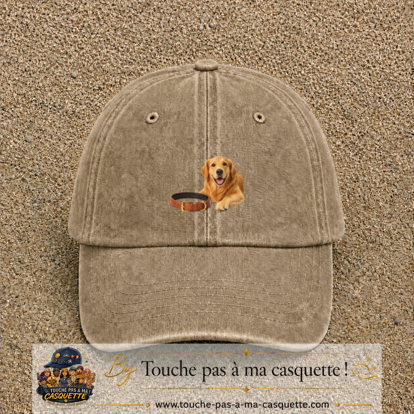 Image principale casquette Beige foncé délavé avec motif Chien avec collier 5 cm