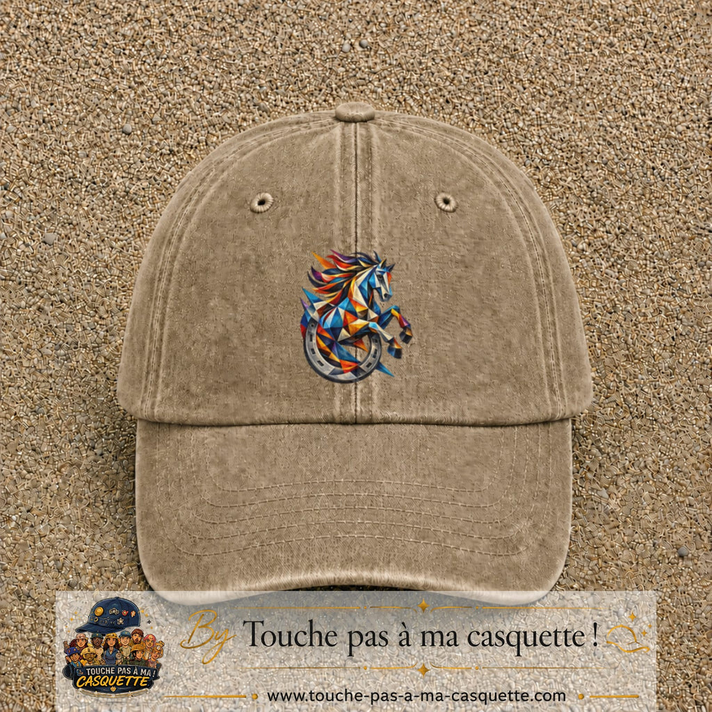 Casquette Beige foncé délavé motif Cheval géométrique logo 7 cm