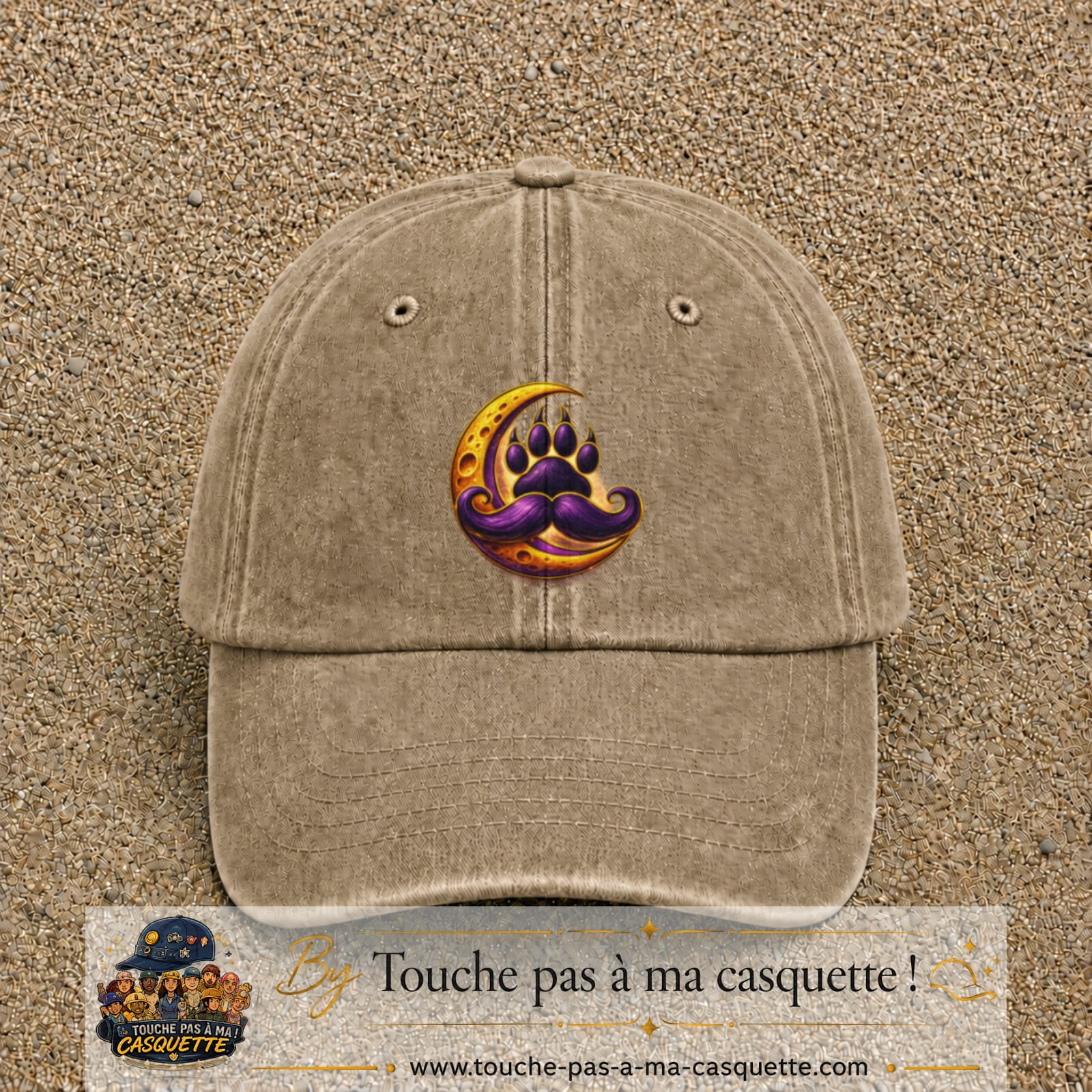 Casquette Beige foncé délavé avec motif Patte moustachue sur lune en 7 cm – vue principale