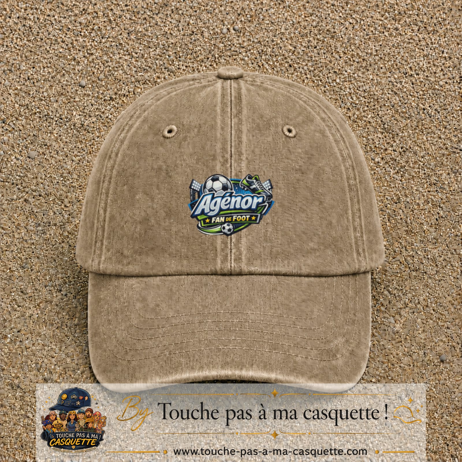 Casquette Beige foncé délavé avec motif Agénor fan de foot en 5 cm – vue principale