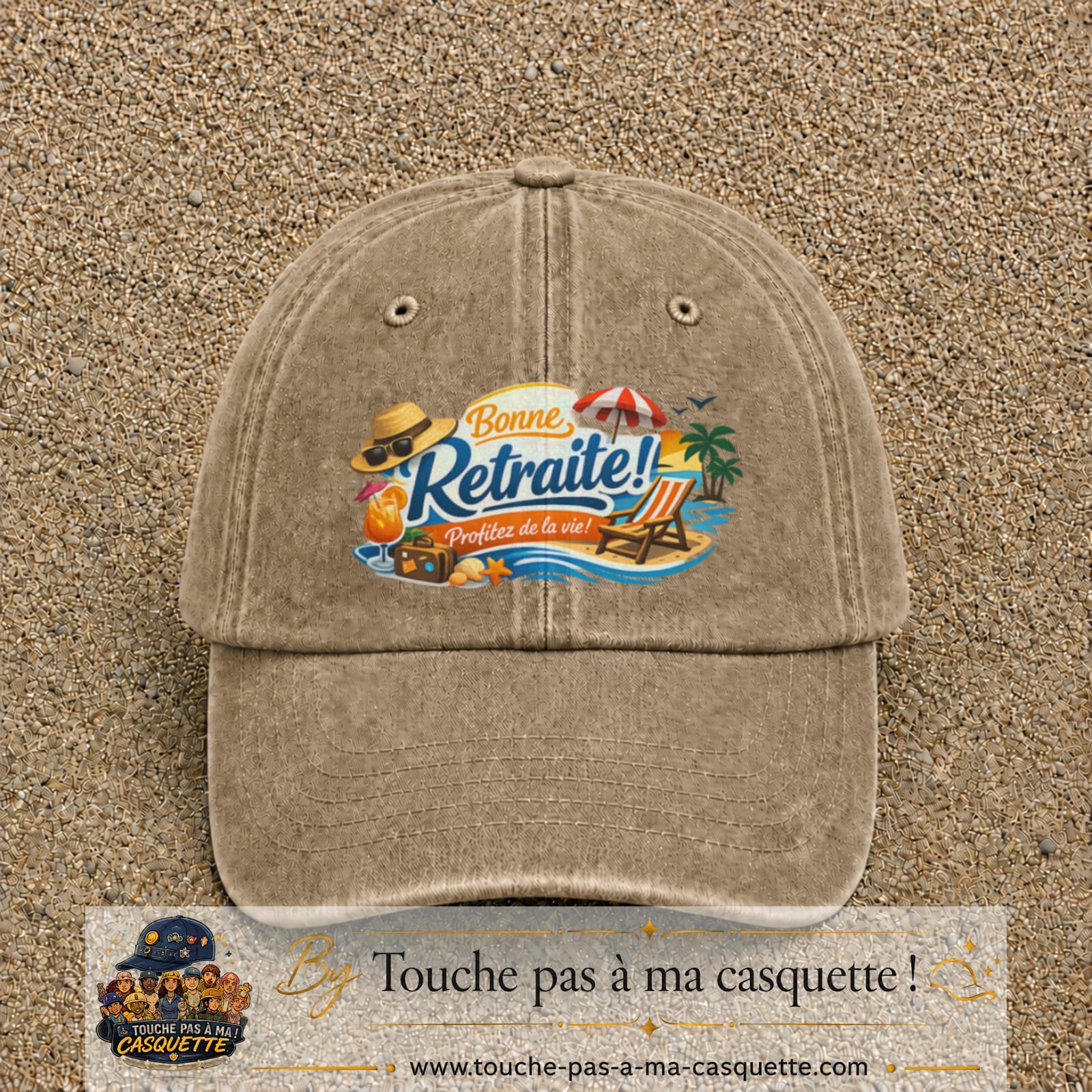 Casquette Beige foncé délavé avec motif Bonne retraite au bord de la mer en 7 cm – vue principale
