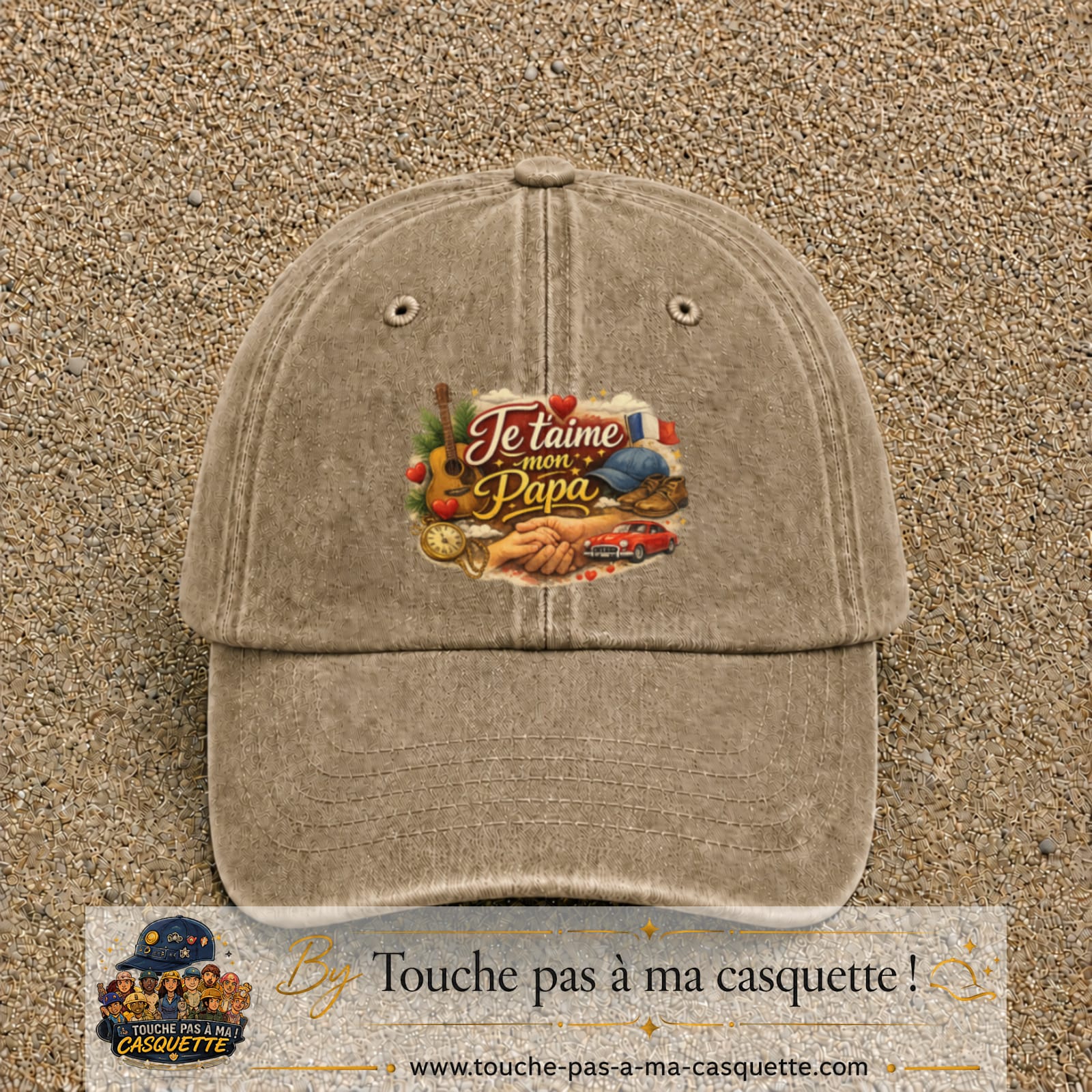 Casquette Beige foncé délavé avec motif Je t’aime mon Papa et ses passions en 7 cm – vue principale