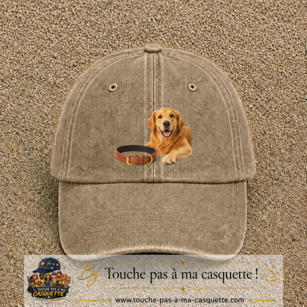 Image principale casquette Beige foncé délavé avec motif Chien avec collier 7 cm