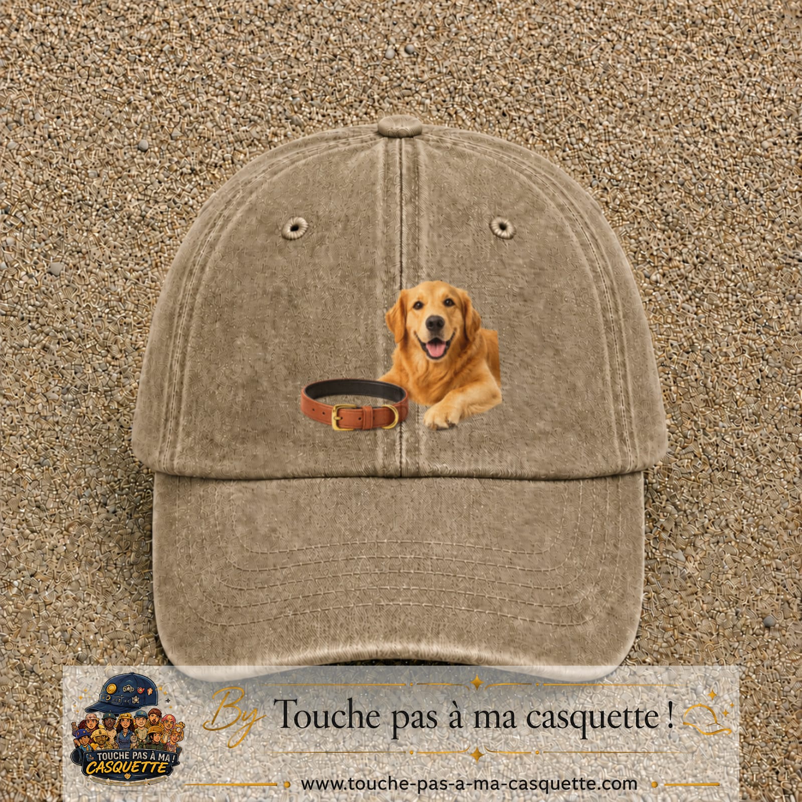Image principale casquette Beige foncé délavé avec motif Chien avec collier 7 cm
