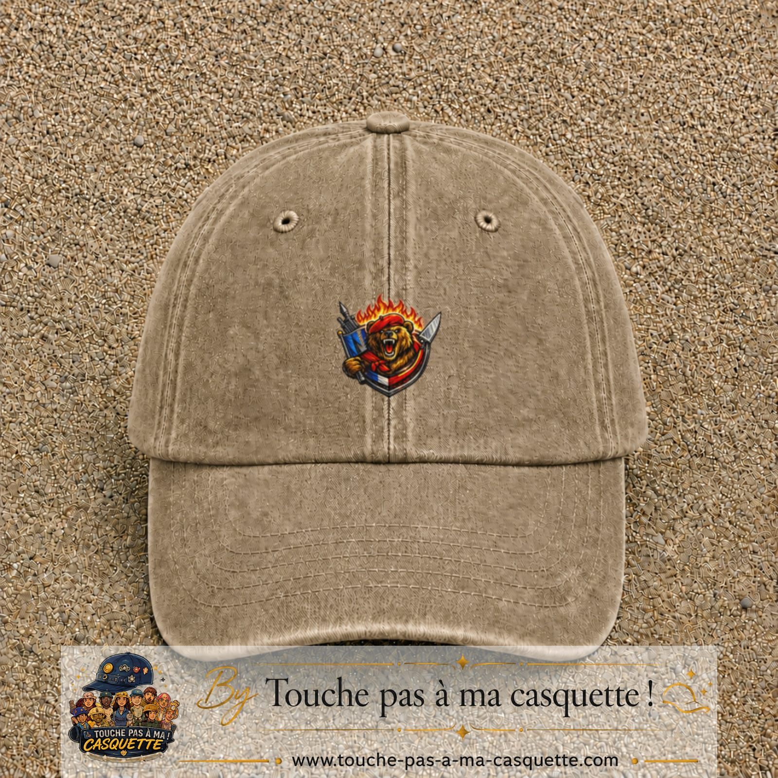 Casquette Beige foncé délavé motif Ours guerrier logo 5 cm