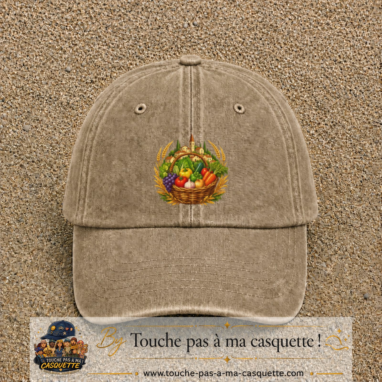 Casquette Beige foncé délavé motif Panier de récolte logo 7 cm