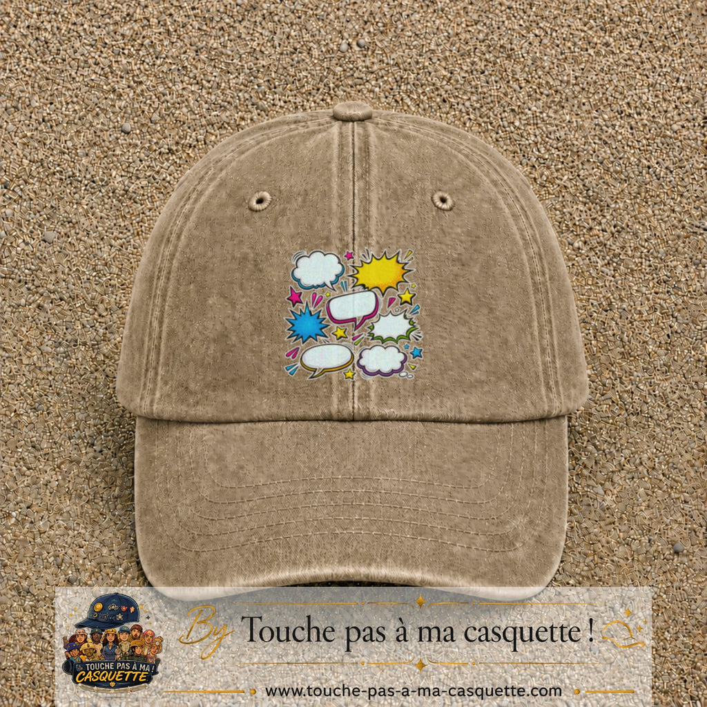 Casquette Beige foncé délavé motif Bulles de bande dessinée logo 7 cm
