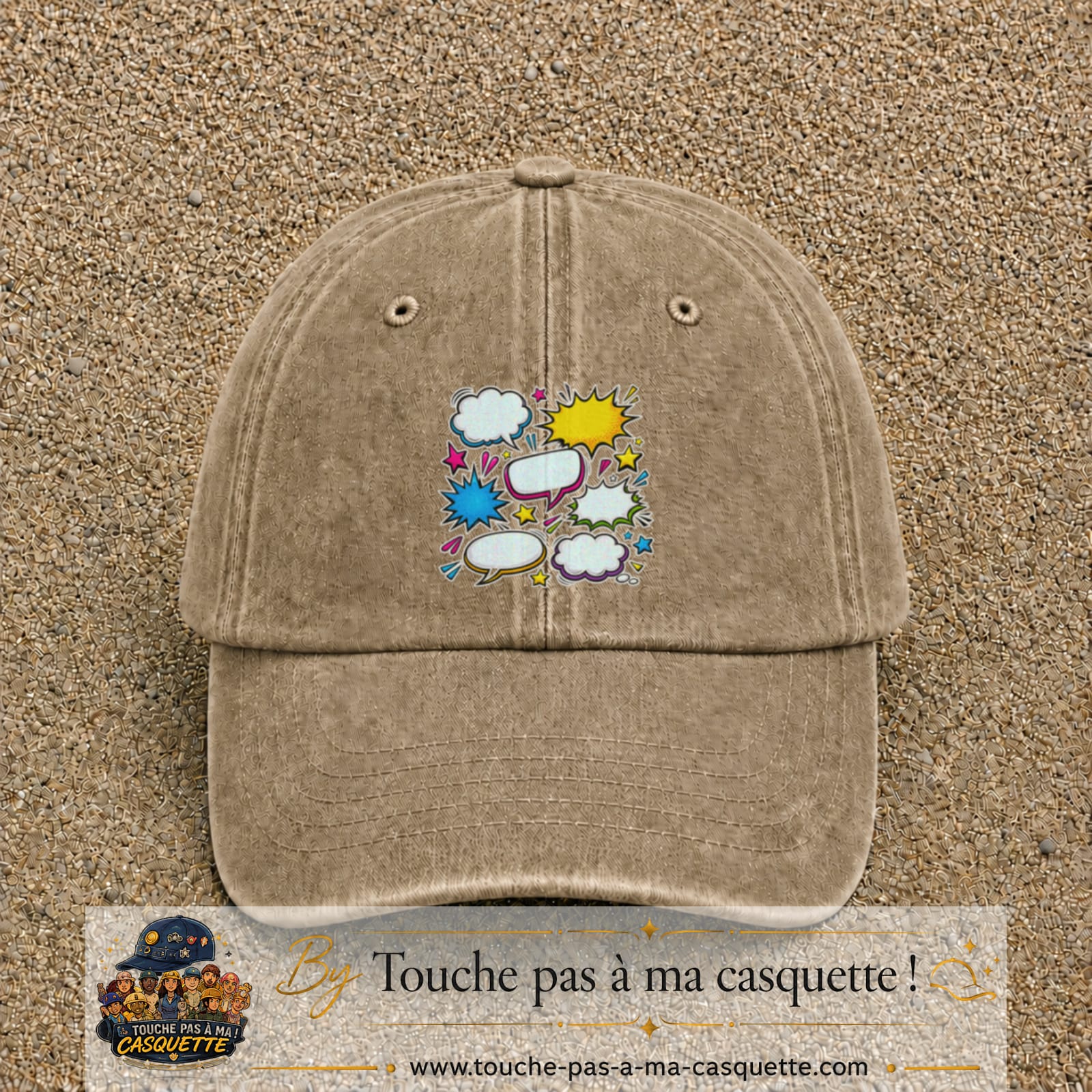 Casquette Beige foncé délavé motif Bulles de bande dessinée logo 7 cm