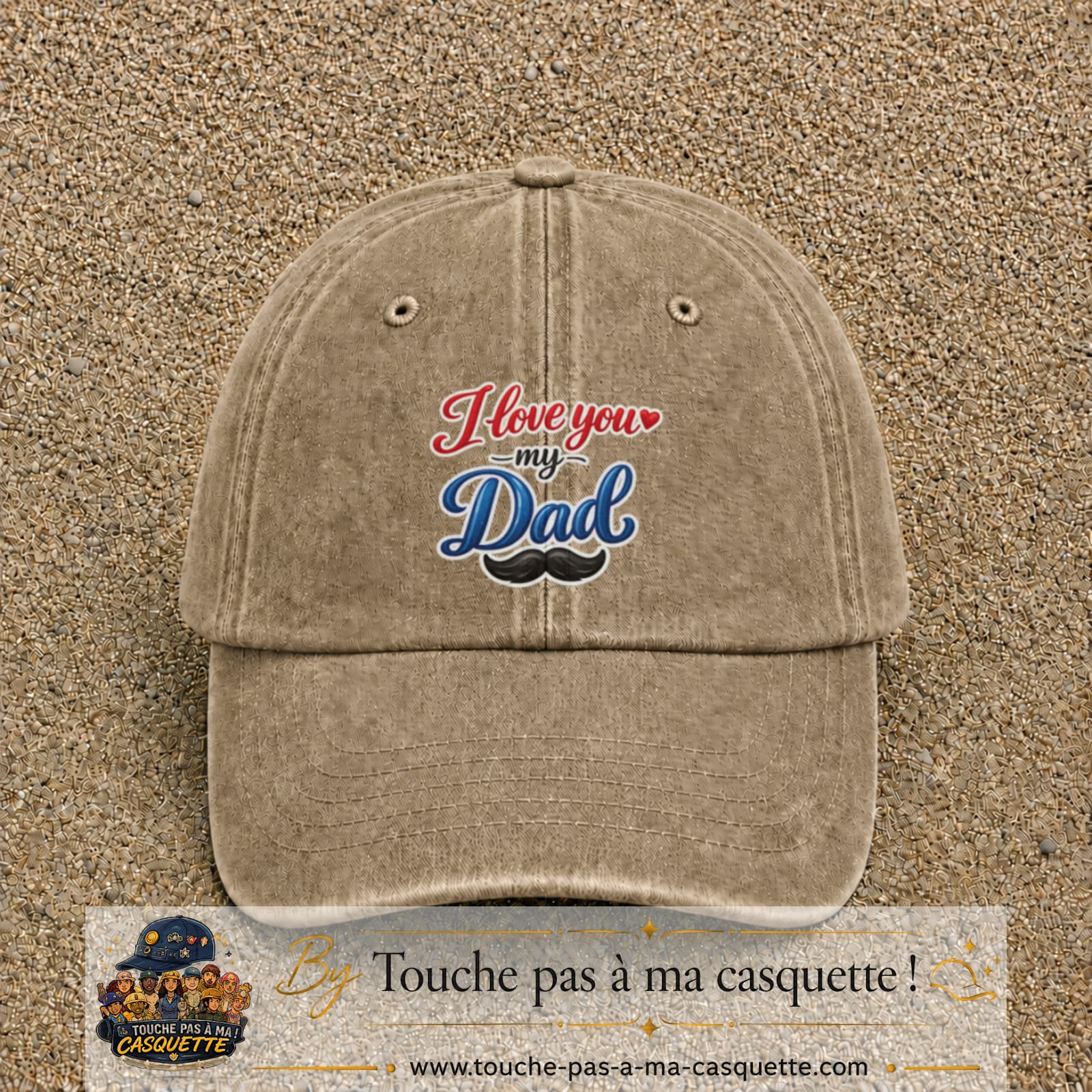 Casquette Beige foncé délavé avec motif I Love You My Dad avec moustache en 7 cm – vue principale