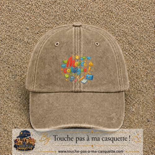 Casquette Beige foncé délavé avec motif Merci collègue en 7 cm – vue principale