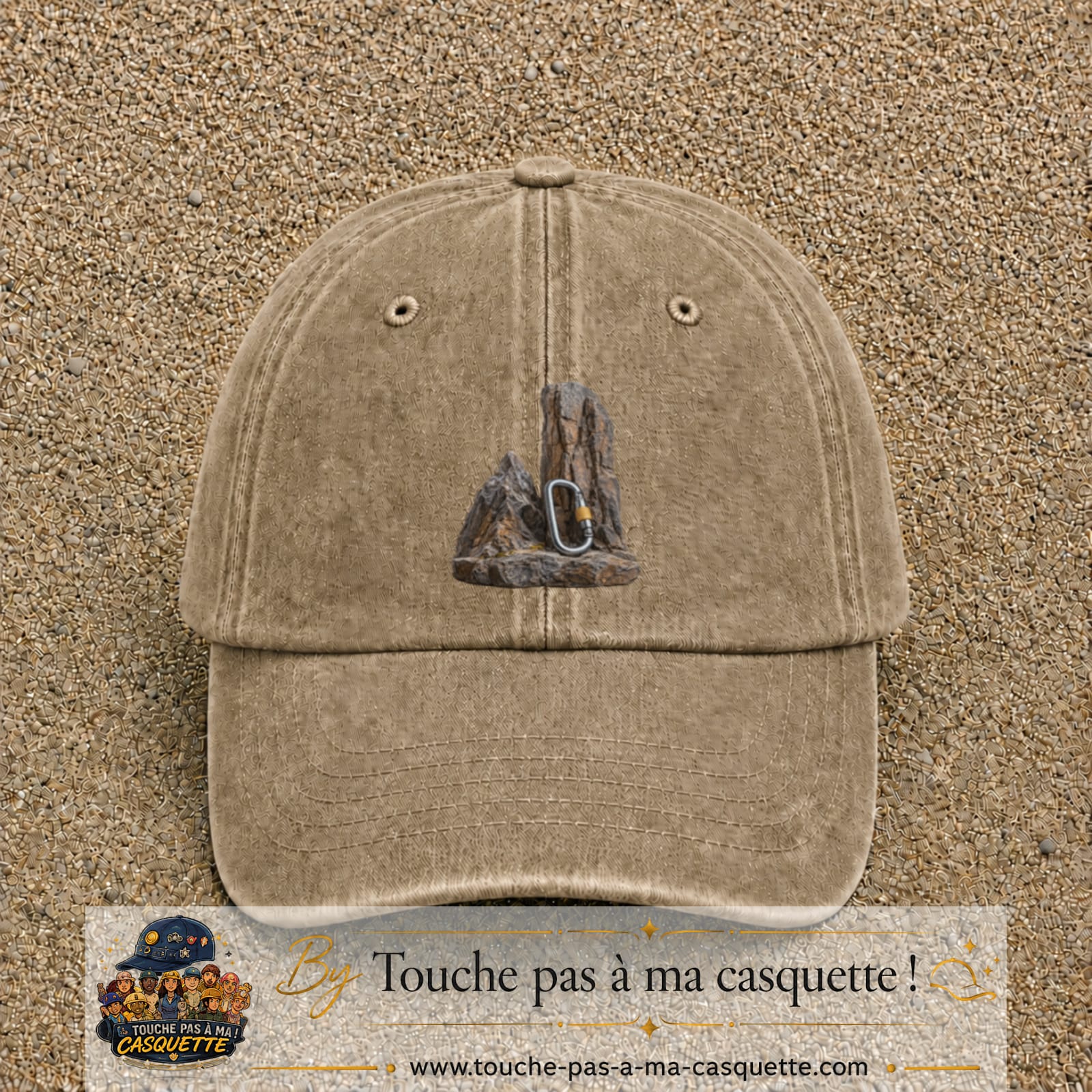 Casquette Beige foncé délavé motif Mousqueton d’escalade logo 7 cm