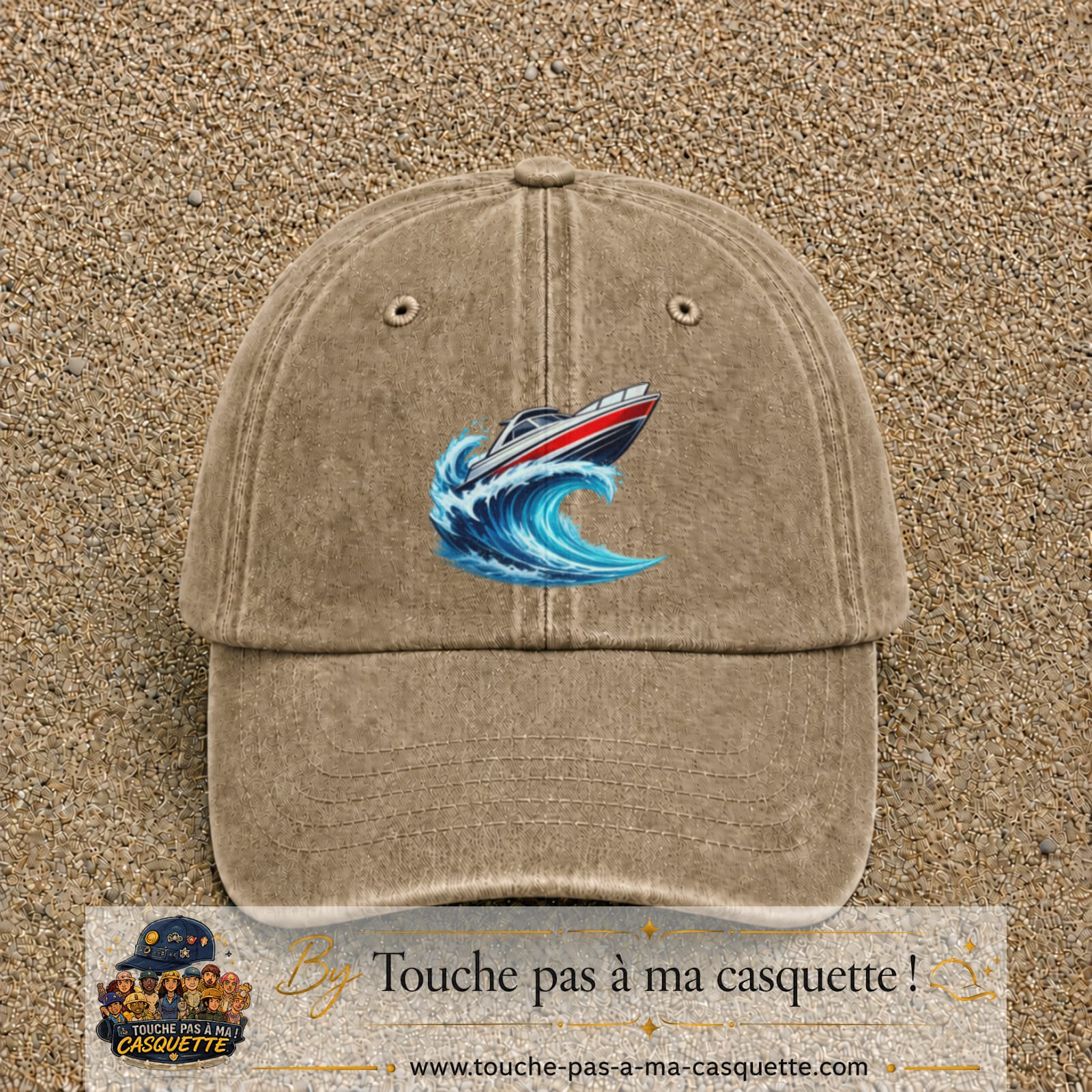 Casquette Beige foncé délavé avec motif Bateau à moteur sur vague en 7 cm – vue principale