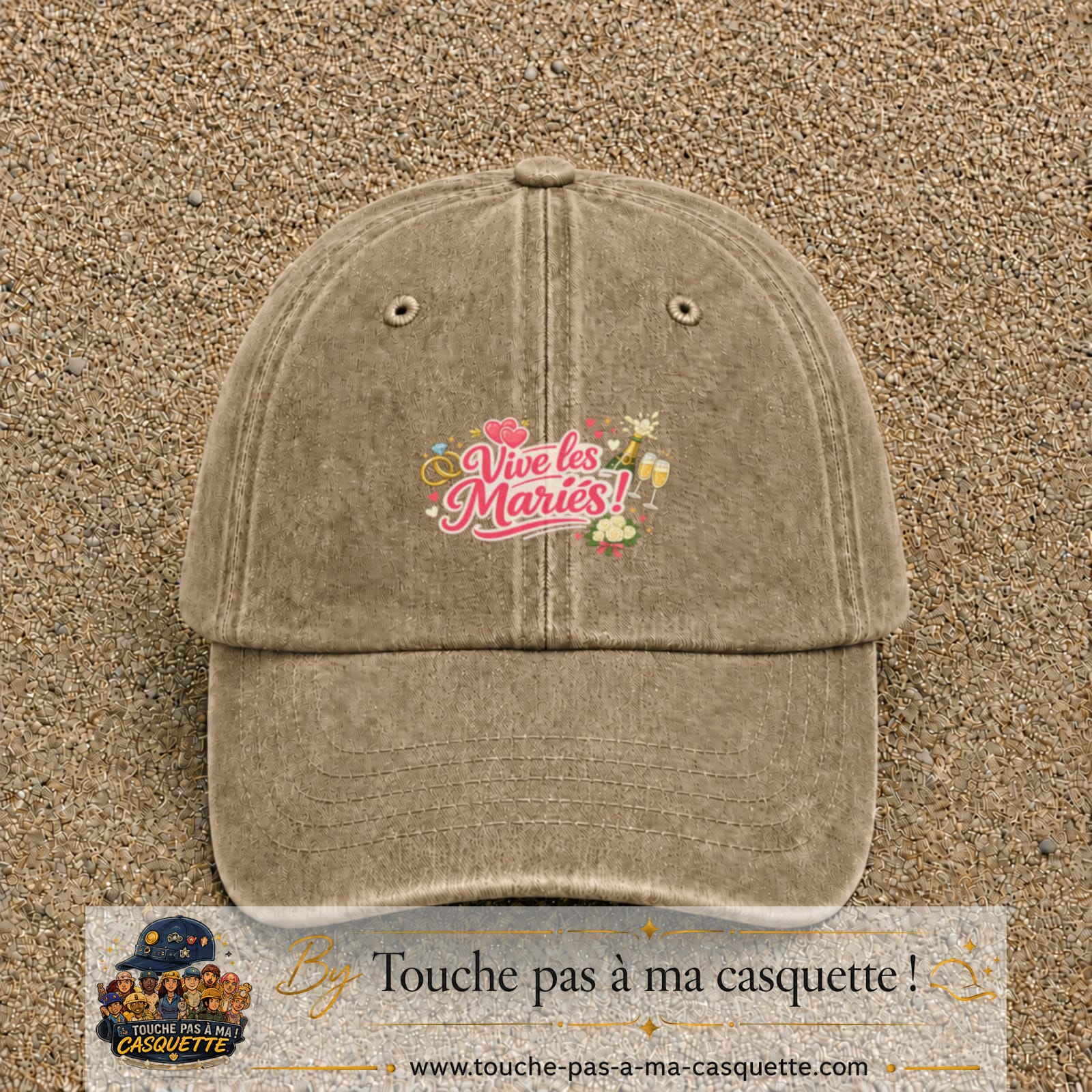 Casquette Beige foncé délavé avec motif Vive les Mariés en 5 cm – vue principale