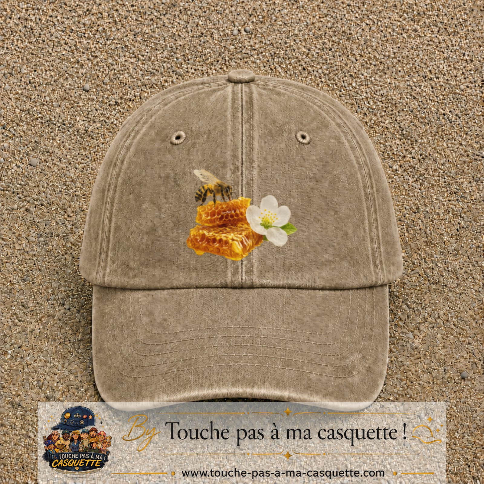 Image principale casquette Beige foncé délavé avec motif Abeille et miel 7 cm