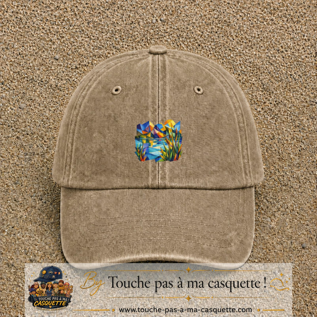 Casquette Beige foncé délavé motif Paysage tropical géométrique logo 5 cm