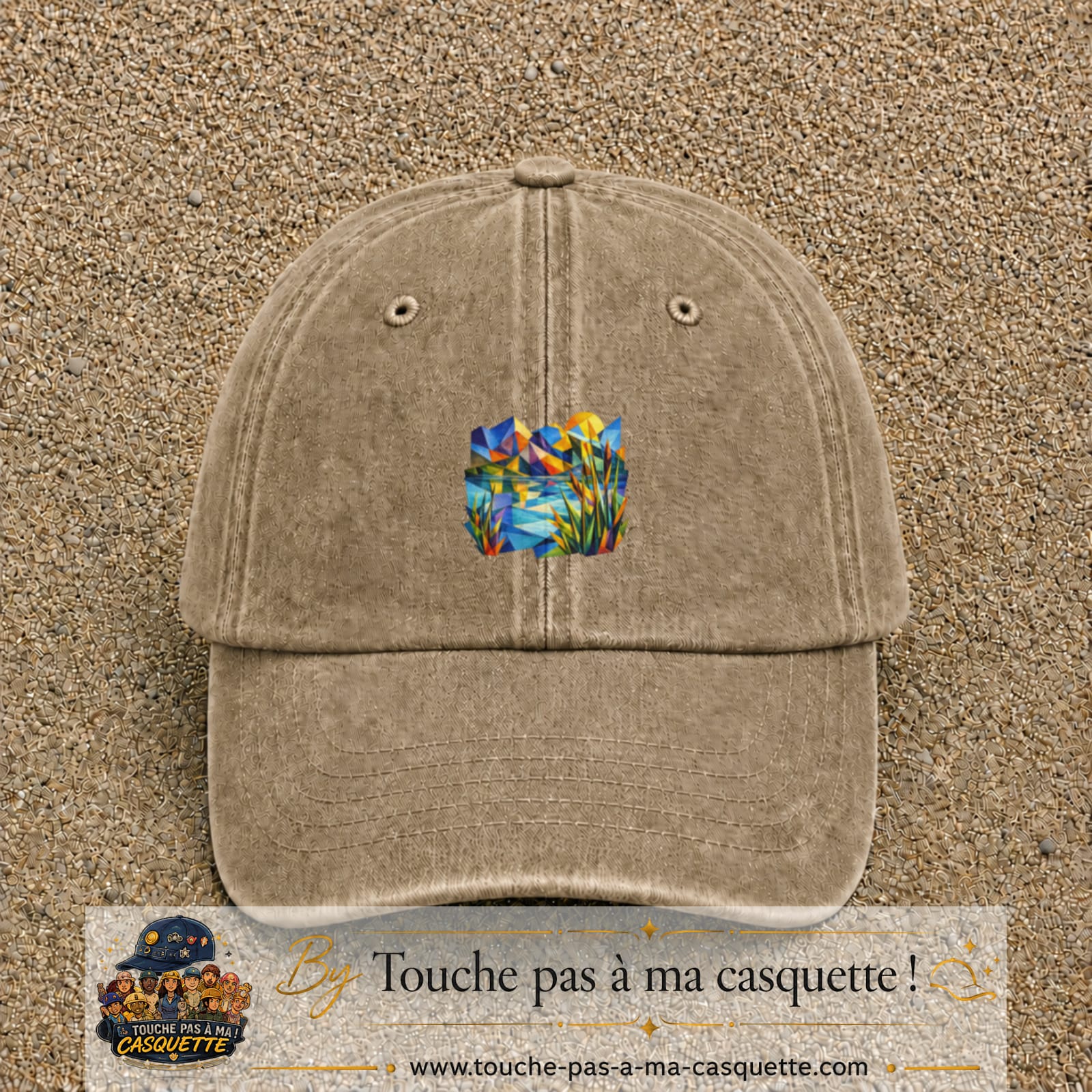Casquette Beige foncé délavé motif Paysage tropical géométrique logo 5 cm