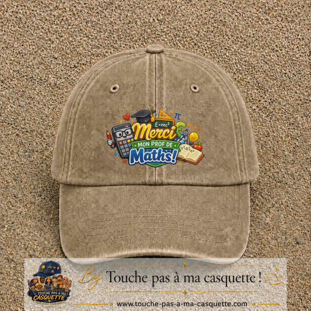 Casquette Beige foncé délavé avec motif Merci mon prof de maths en 7 cm – vue principale