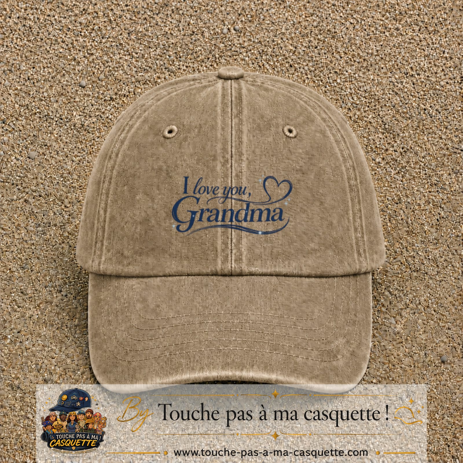 Casquette Beige foncé délavé avec motif I Love You Grandma en 5 cm – vue principale