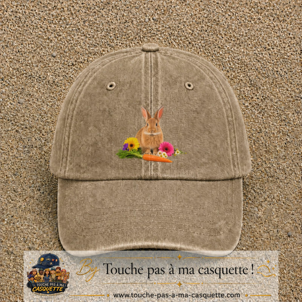 Image principale casquette Beige foncé délavé avec motif Lapin fleuri 7 cm