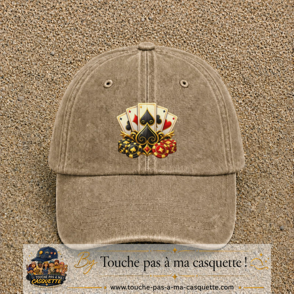Casquette Beige foncé délavé motif Poker cartes et jetons logo 7 cm