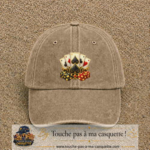 Casquette Beige foncé délavé motif Poker cartes et jetons logo 7 cm