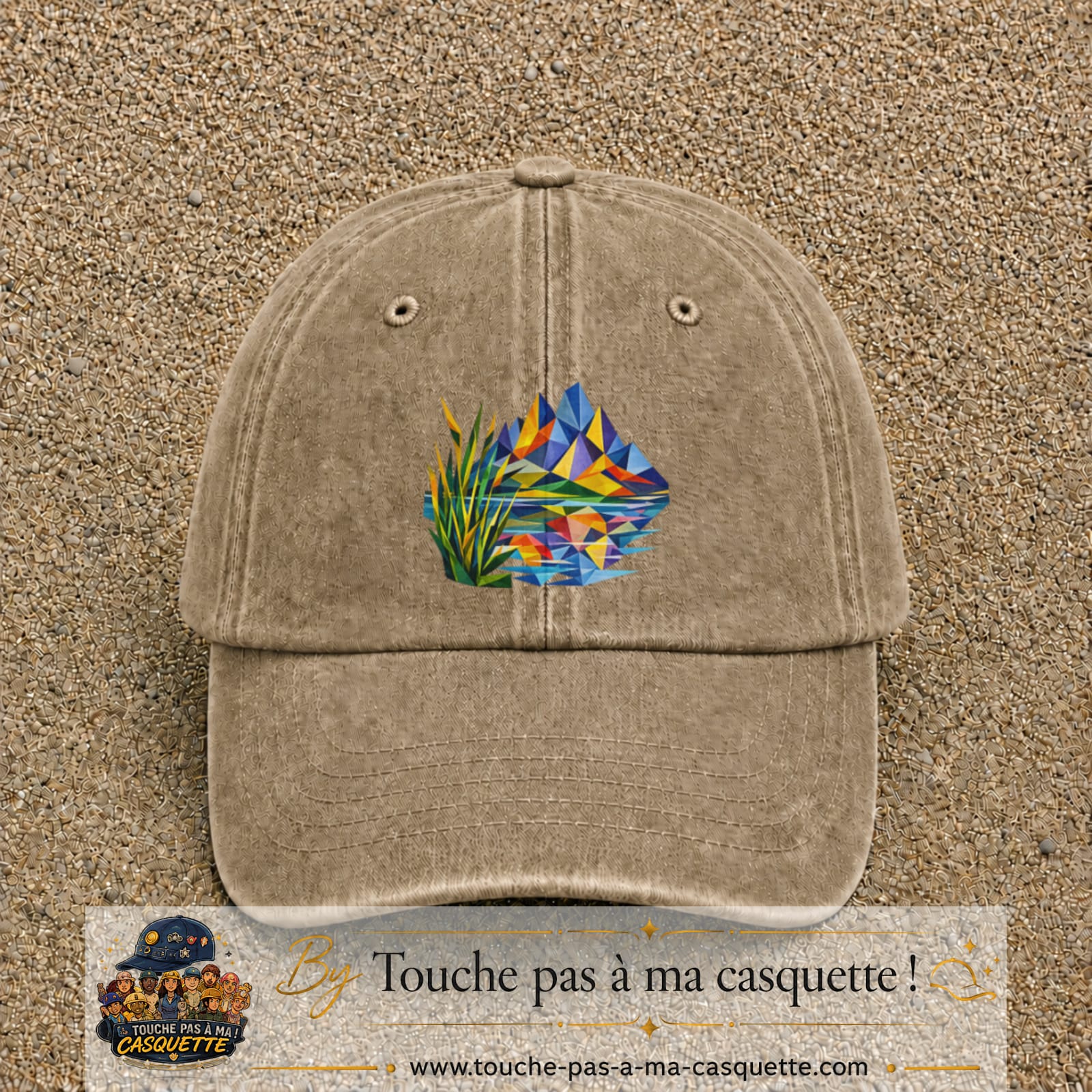 Image principale casquette Beige foncé délavé avec motif Lac de montagne 7 cm