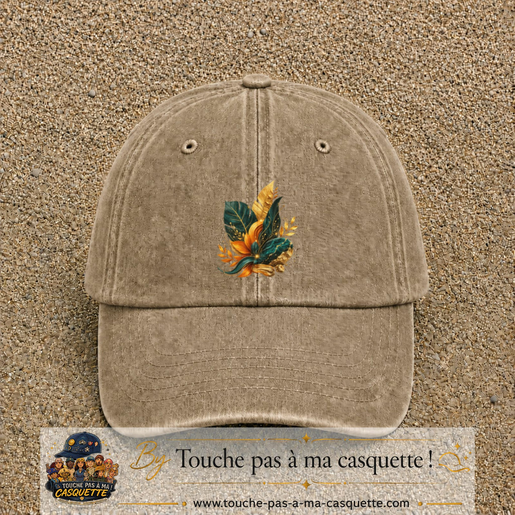 Image principale casquette Beige foncé délavé avec motif Feuillage tropical doré 7 cm