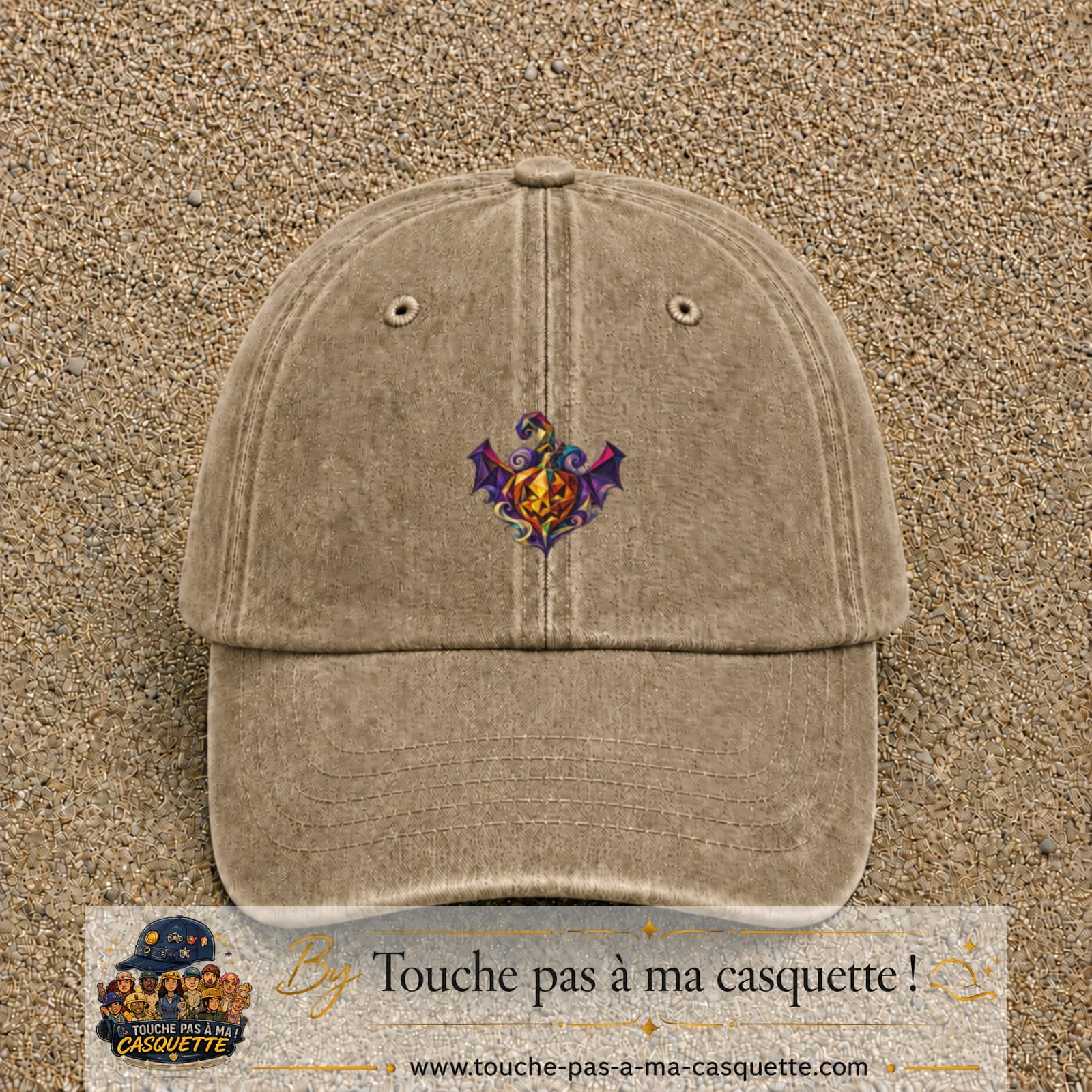 Casquette Beige foncé délavé motif Dragon ailé fantastique logo 5 cm