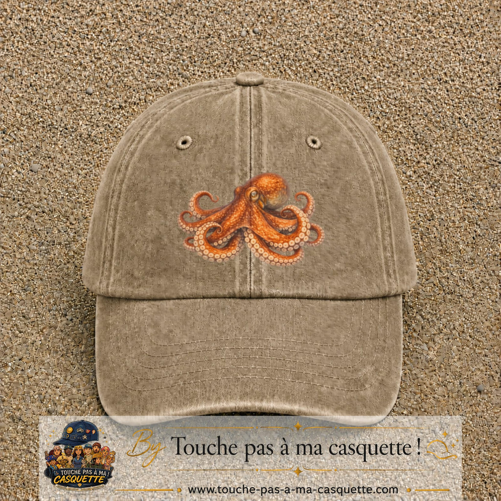 Image principale produit71grosBF - casquette Beige foncé délavé avec visuel Pieuvre 7 cm