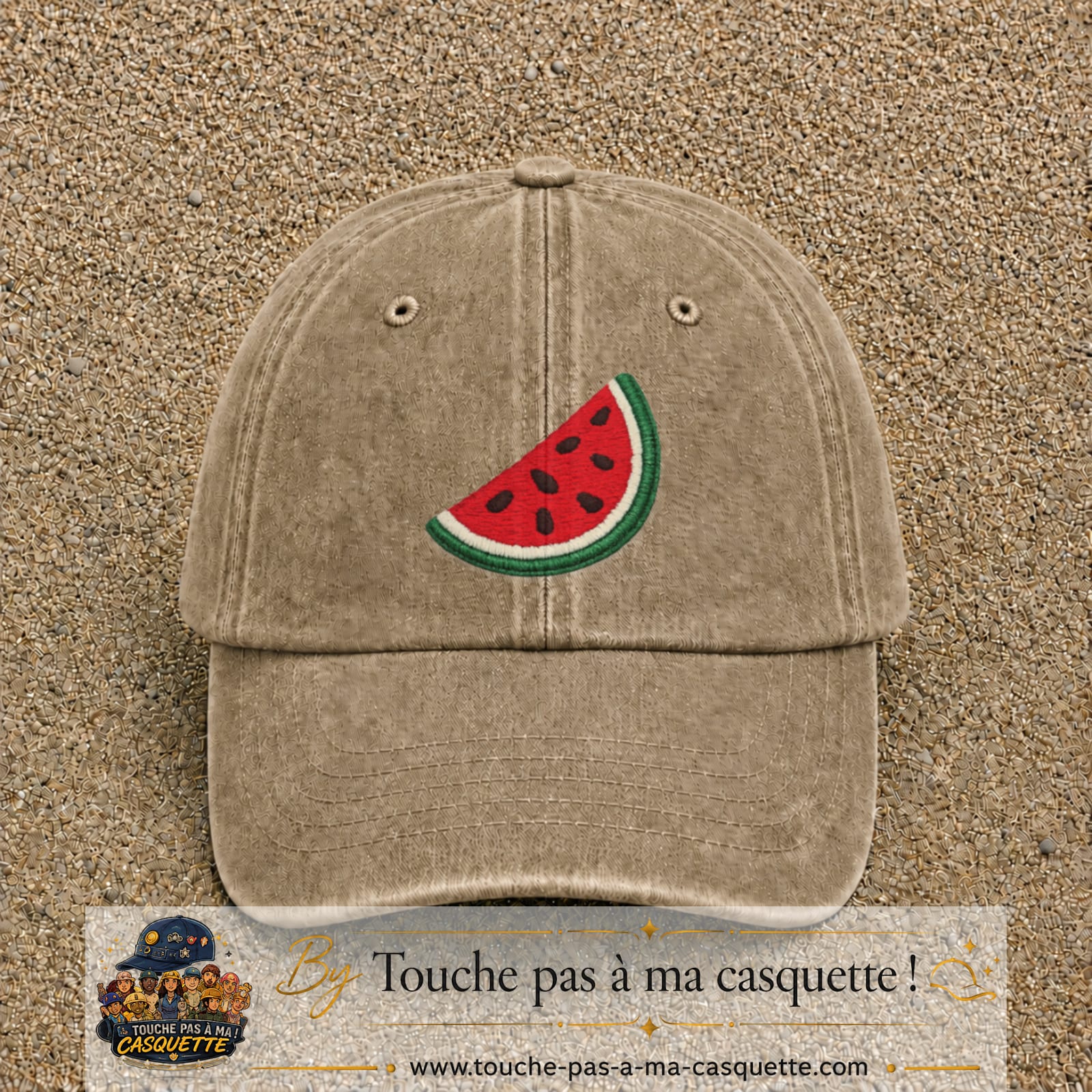 Image principale produit22grosBF - casquette Beige foncé délavé avec visuel Pastèque 7 cm