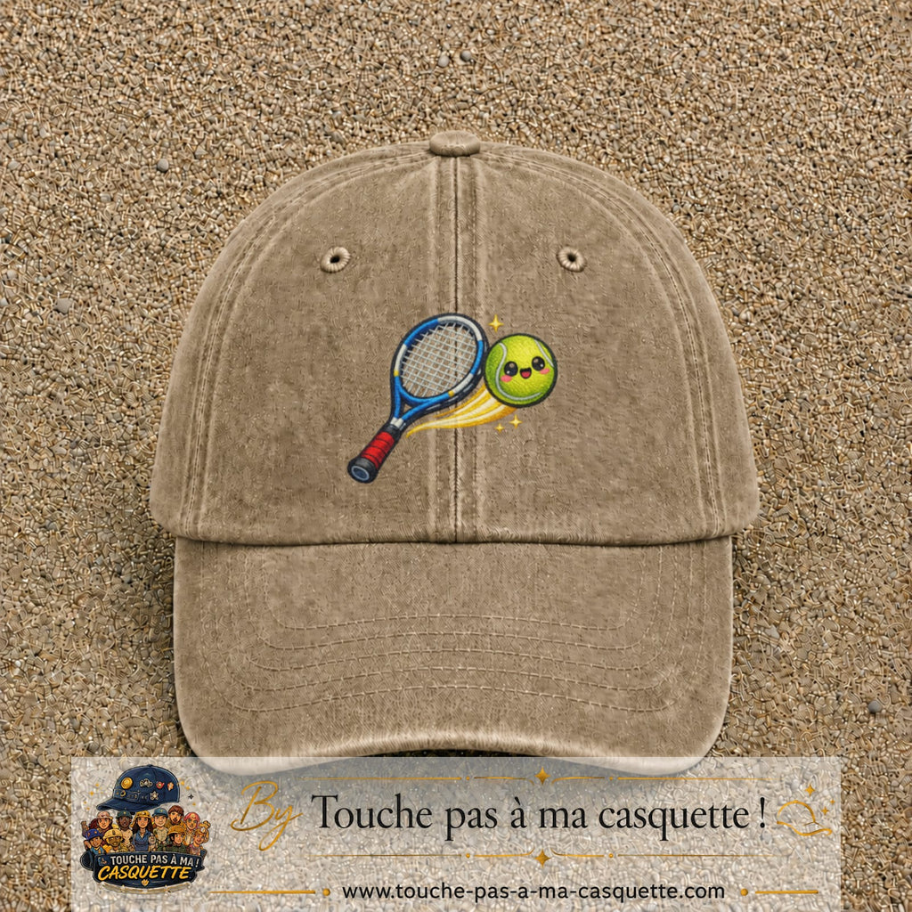 Image principale produit80grosBF - casquette Beige foncé délavé avec visuel Tennis raquette balle 7 cm