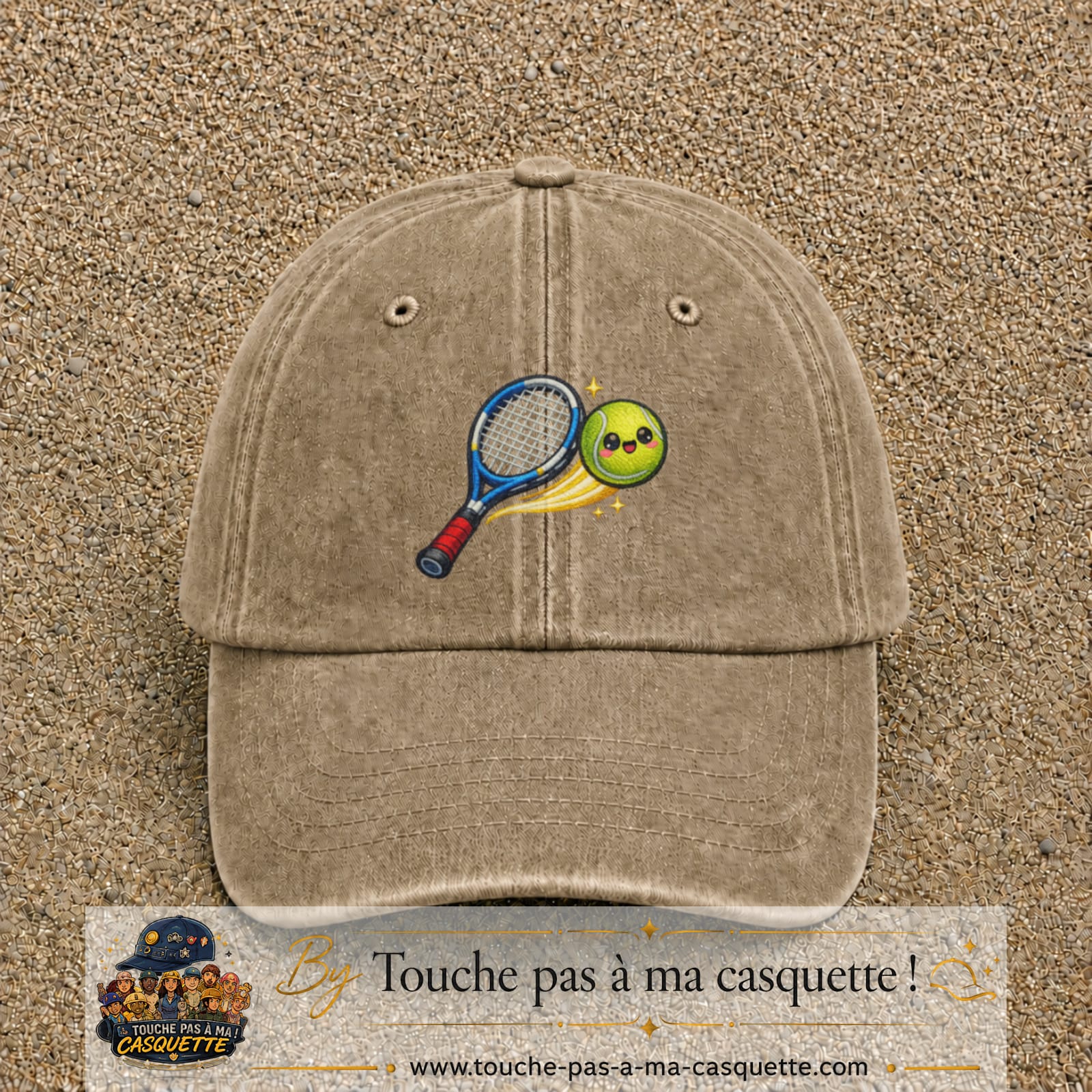 Image principale produit80grosBF - casquette Beige foncé délavé avec visuel Tennis raquette balle 7 cm