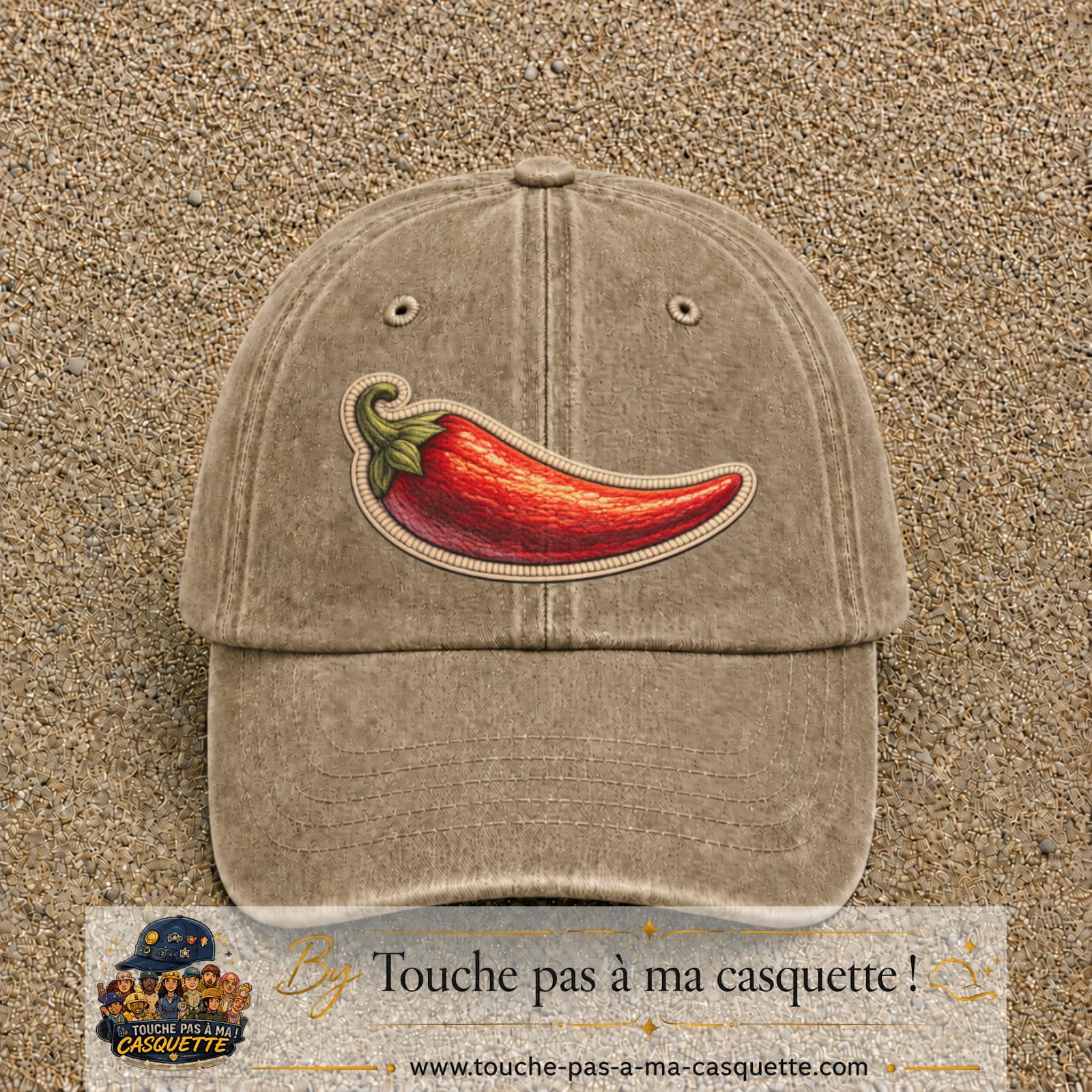 Image principale produit198grosBF - casquette Beige foncé délavé avec visuel Piment 7 cm
