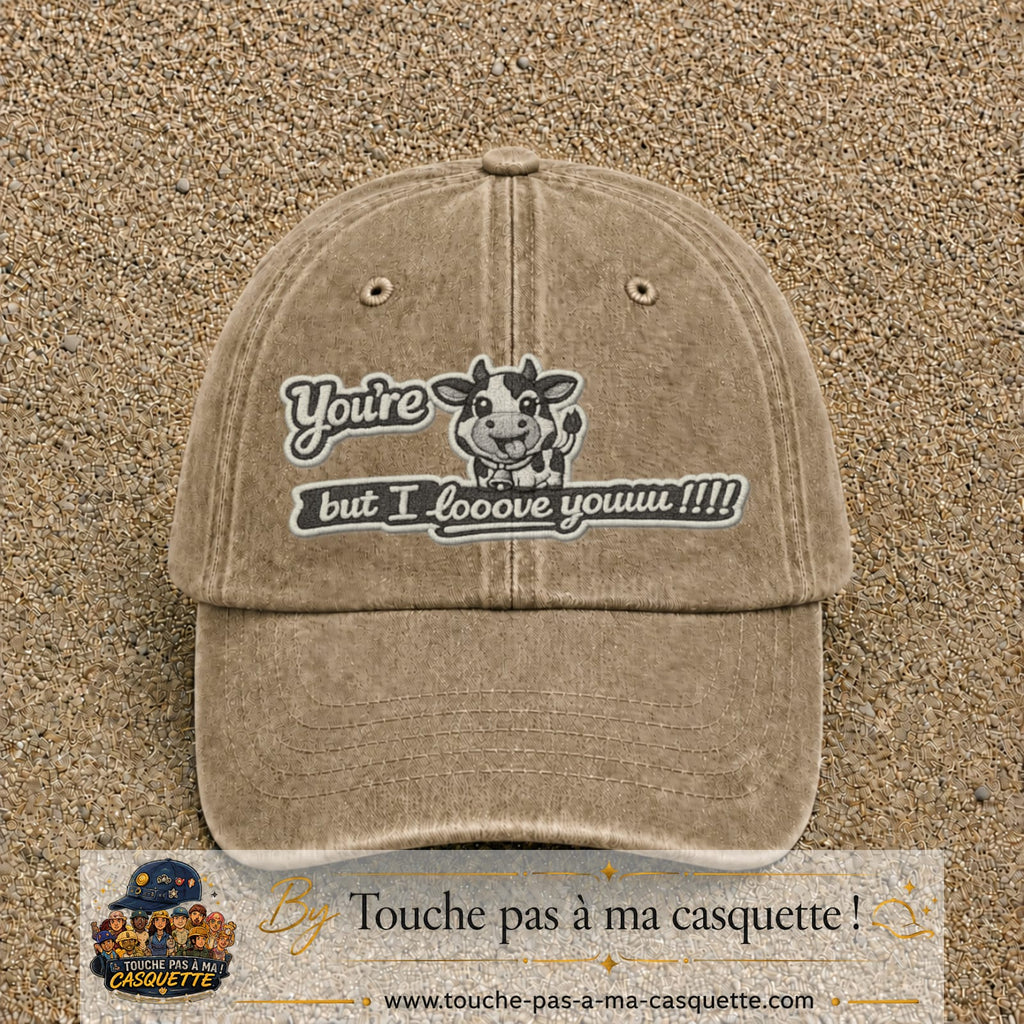 Image principale produit121grosBF - casquette Beige foncé délavé avec visuel Vache message anglais 7 cm