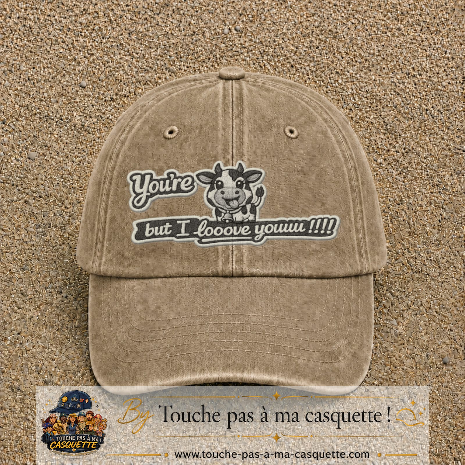Image principale produit121grosBF - casquette Beige foncé délavé avec visuel Vache message anglais 7 cm